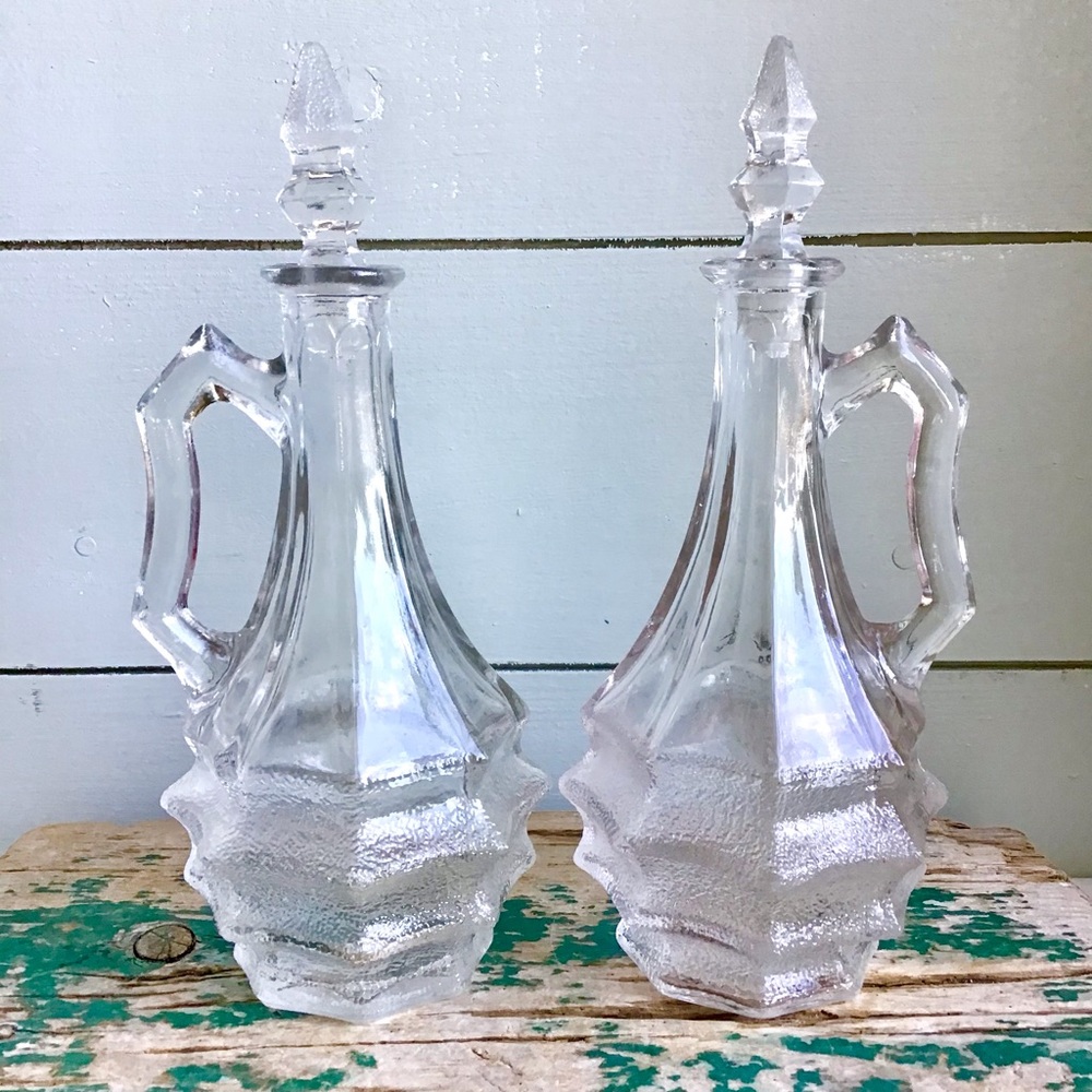 Set of 2 Vintage (1932) Depression Glass Cruets Decanters by Horne Design